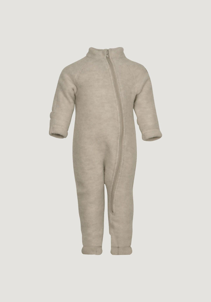 Overall fleece cu mănuși și botoși din lână merinos - Melange Offwhite Mikk-line HipHip.ro