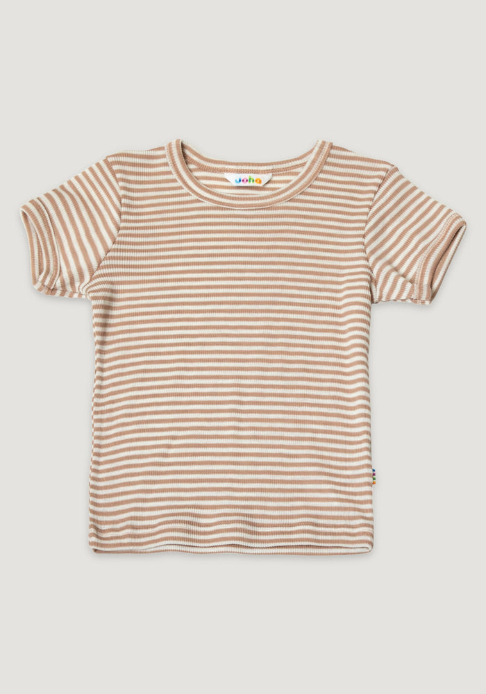 Tricou din lână merinos și mătase - Light Brown Stripe 90